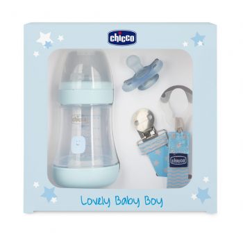 CHICCO ZESTAW DLA NOWORODKA BOY Butelka antykolkowa Perfect5 + smoczek mini soft + tasiemka