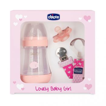 CHICCO ZESTAW DLA NOWORODKA GIRL Butelka antykolkowa Perfect5 + smoczek mini soft + tasiemka